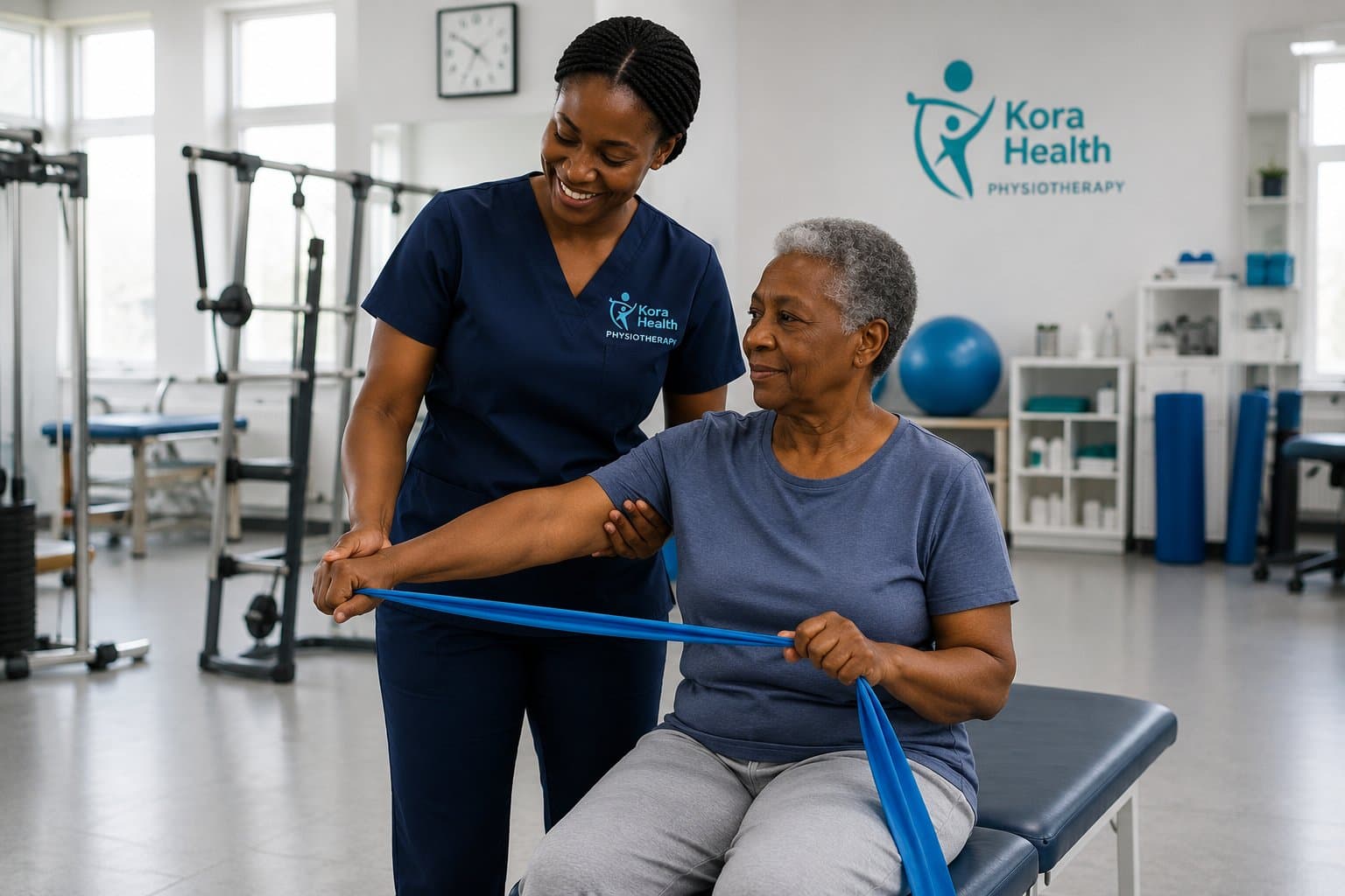 Kora Health therapist assisting a patient with resistance band exercise