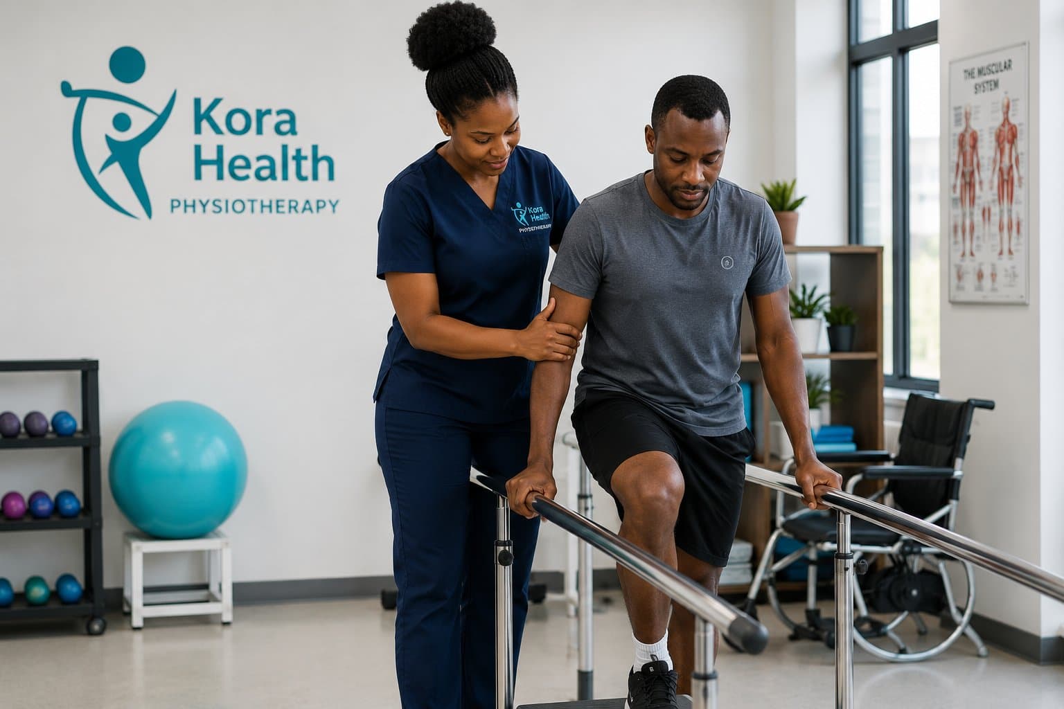 A Kora Health physiotherapist guiding a patient on parallel bars